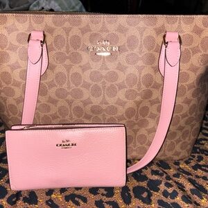 Coach Brown Signature Tote with Pink Leather Handles and Wallet